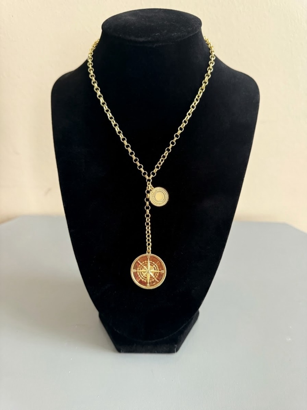 Gold Compass Lariat Necklace with Brown Enamel Medallion - Women